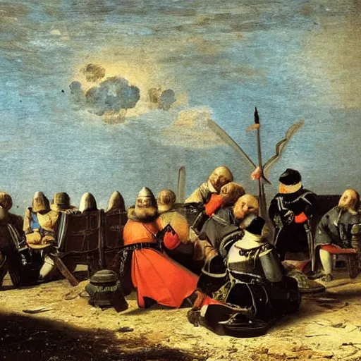 Prompt: A group of knights sitting around a fire while waiting for their captain, incredible detail, trending, night sky, moon, Canaletto