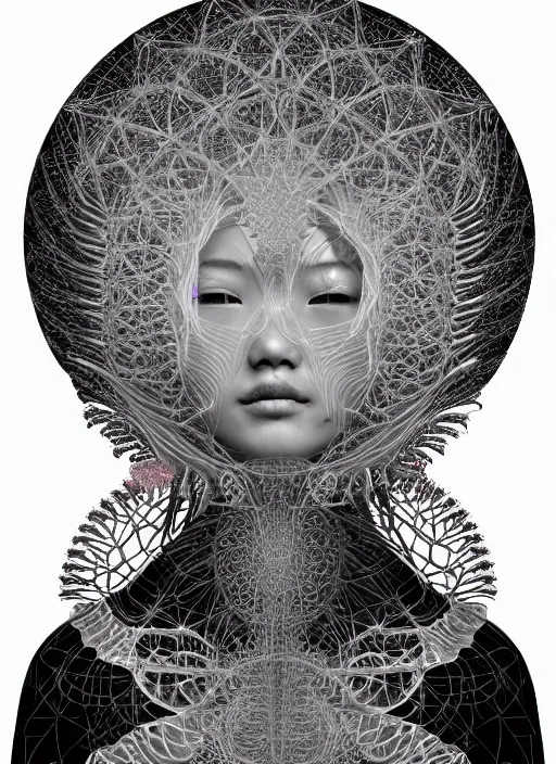 Prompt: ridiculously beautiful young asian woman tripping, caduceus fractals radiating from head with sacred geometry, cosmic, natural, awakening, symmetrical, in the style of ernst haeckel, effervescent, warm, photo realistic, epic and cinematic