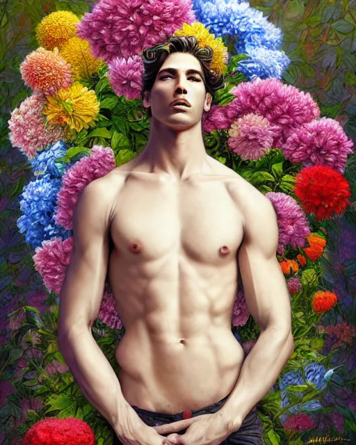 Image similar to a painting of a beautiful man surrounded by flowers, an ultrafine detailed painting, by mark brooks, centered full body, featured on deviantart, fantasy art, detailed painting, deviantart, anime