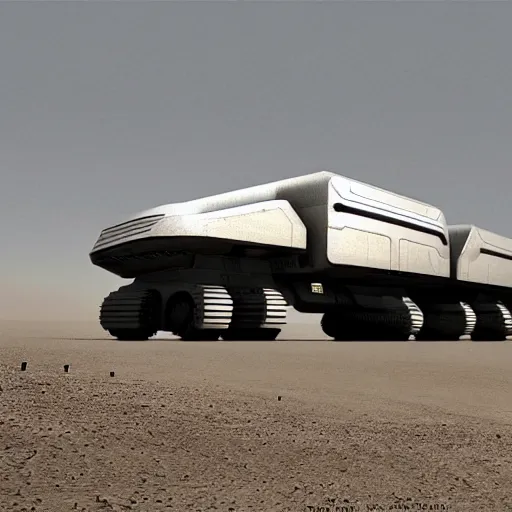 Prompt: Sci-Fi industrial futuristic Brutalism huge carrier vehicle desert