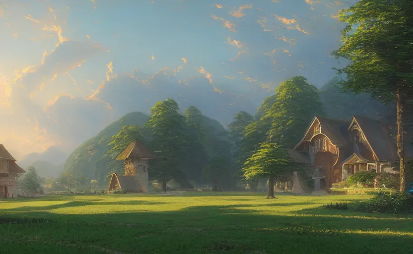 Prompt: a beautiful painting of a building in a serene landscape, epic composition, rendered in arnold, by thomas kinkade, raphael lacoste, makoto shinkai, expansive view, rule of thirds golden ratio clean, light effect, 8 k, maya renderer, unreal engine