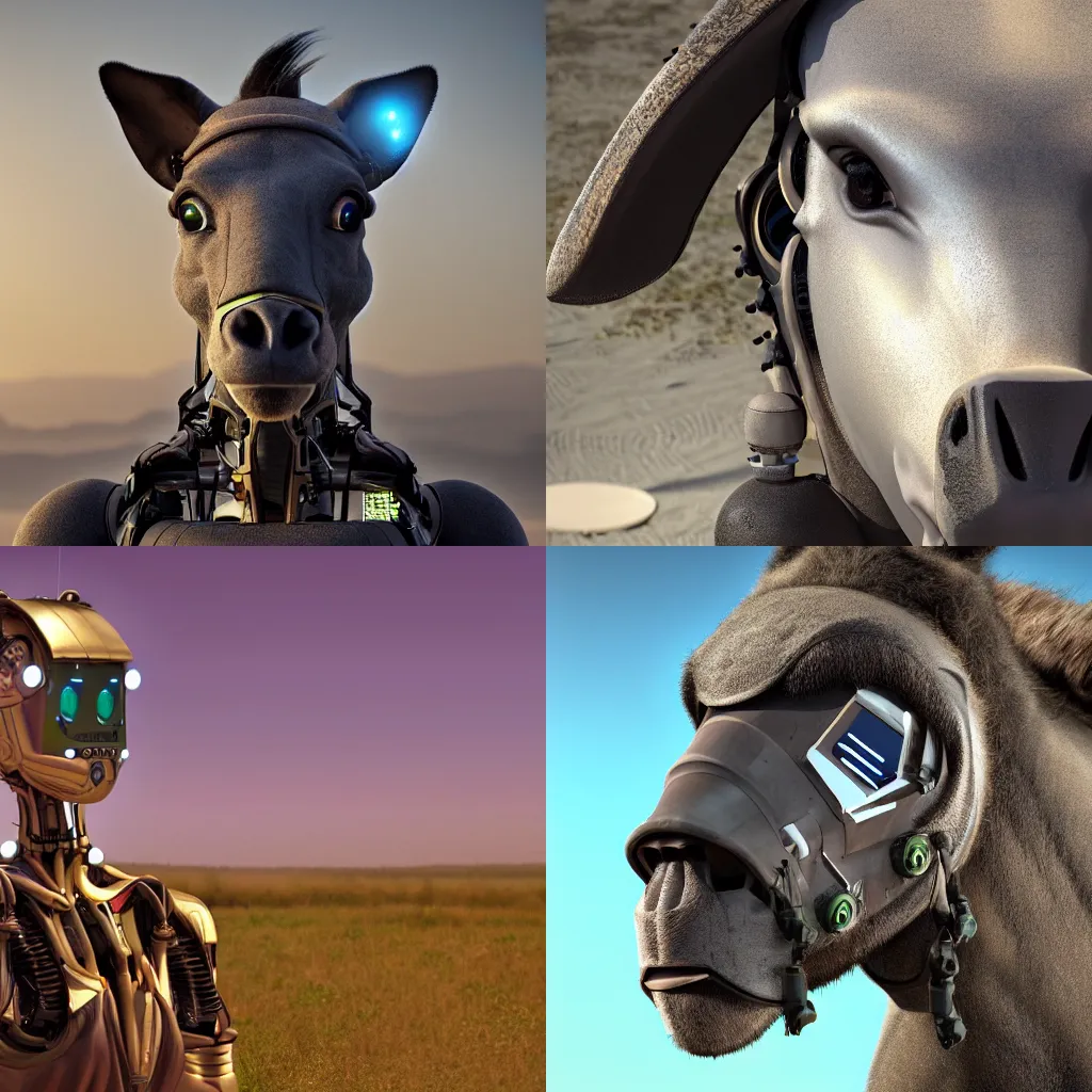 Prompt: portrait of a solarpunk half robot half donkey, highly detailed, photorealism, cinematic lighting 8k