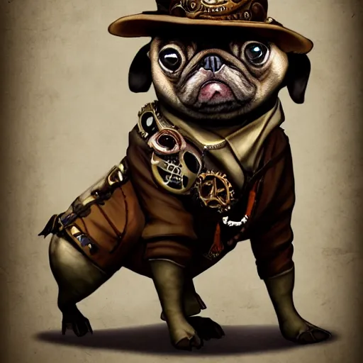 Image similar to pug dressed with inspirations from steampunk style, high detailed, digital art, trending on artstation, devianart, cgsociety