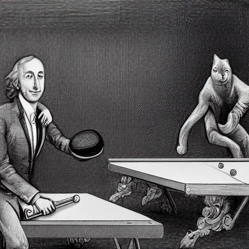 Image similar to portrait of a jeff bezos playing ping pong with mark zuckerberg, gothic, cat eyes, hair waving in the wind, high detail, illustration by gustav dore