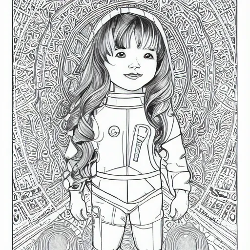 Image similar to clean simple line art of a cute little girl with short white wavy curly hair. she is dressed as an astronaut. no background. well composed, clean coloring book page, beautiful detailed face. coloring book line art by artgerm and greg rutkowski and johanna basford and alphonse mucha