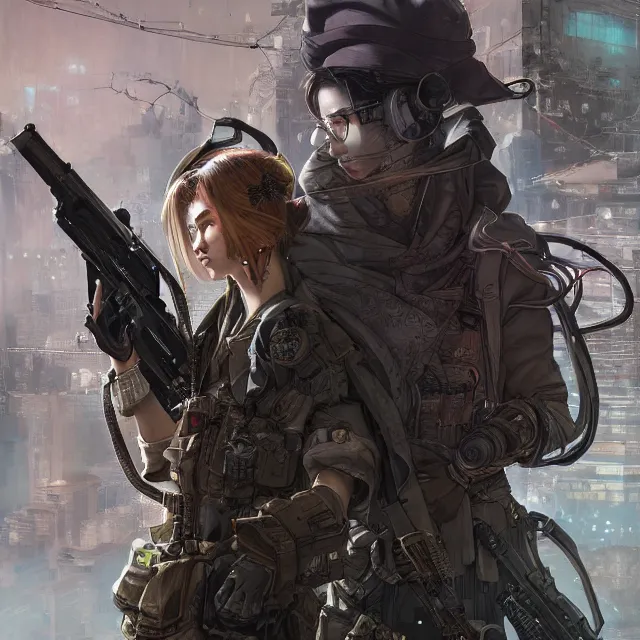 Image similar to the portrait of lawful neutral female cyberpunk infantry sniper as absurdly beautiful, gorgeous, elegant, young woman looking up, an ultrafine hyperdetailed illustration by kim jung gi, irakli nadar, intricate linework, bright colors, octopath traveler, final fantasy, unreal engine 5 highly rendered, global illumination, radiant light, detailed and intricate environment