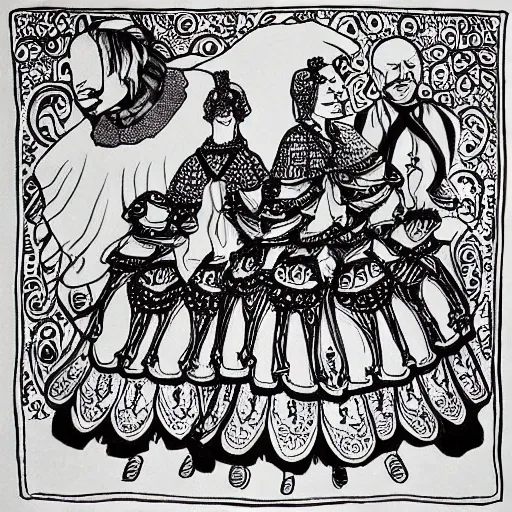 Prompt: round dance, russian folkloric dance, beautiful ink drawing