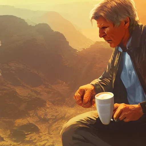 Image similar to harrison ford drinking coffee, colorful, contrast, 3 d scene, greg rutkowski, zabrocki, karlkka, jayison devadas, trending on artstation, 8 k, ultra wide angle, zenith view, pincushion lens effect