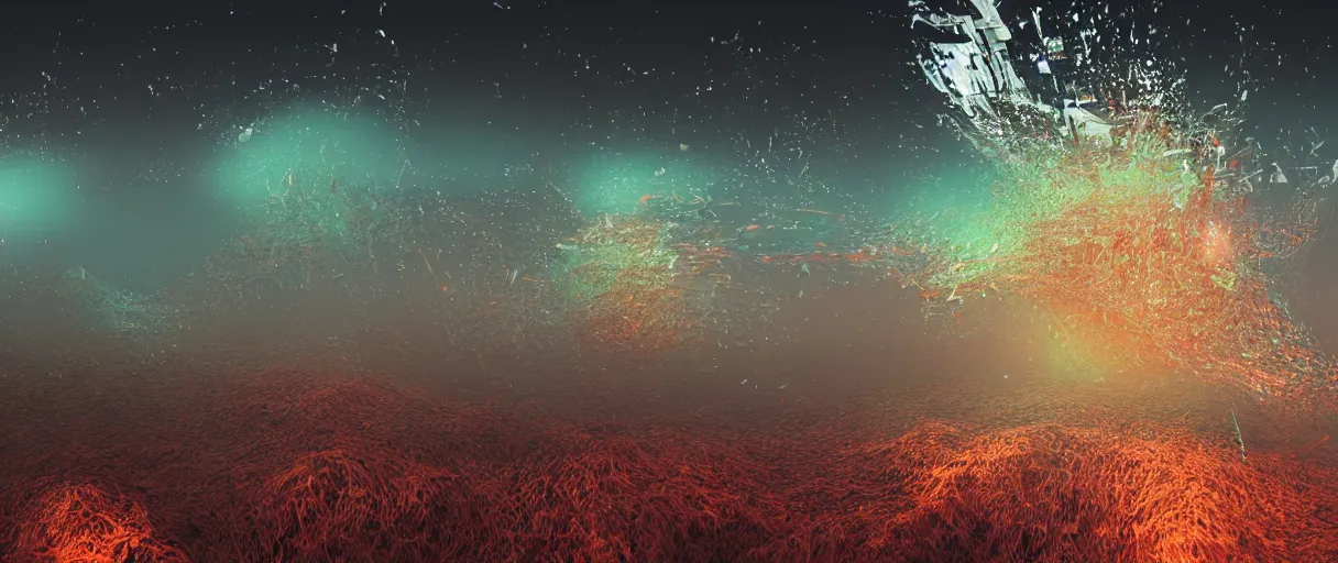 Image similar to landscape, houdini software simulation, glitch art, particle flow, volumetric object, physical particles, cinematic lighting, by ash thorpe