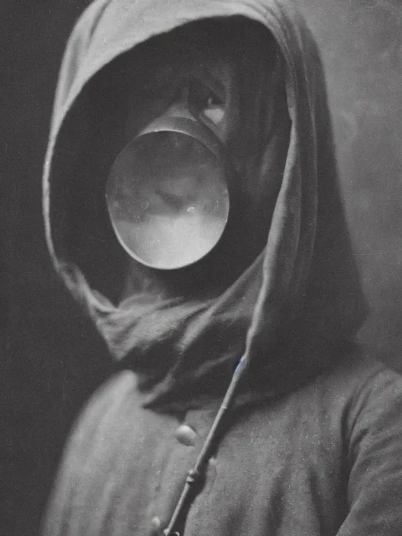 Prompt: portrait of faceless grim reaper with covered face and bright glowing eyes, ww1 photo, grainy, high detail, high resolution,