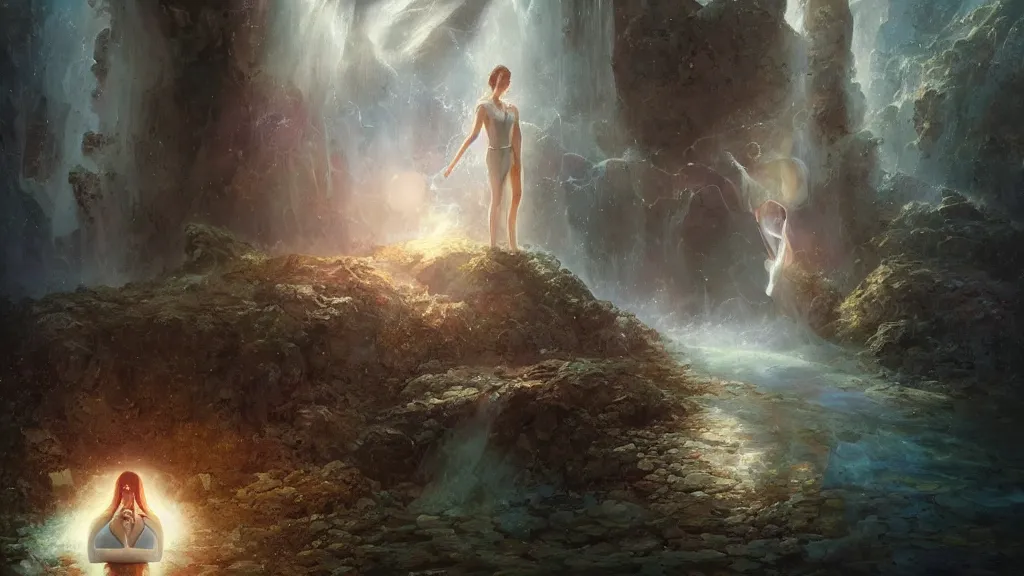 Prompt: in the reflexion of the magical water rest the keeper of the prism, the key to dream, oil painting, high resolution 4 k, by tom bagshaw, greg rutkowski, and artgeem