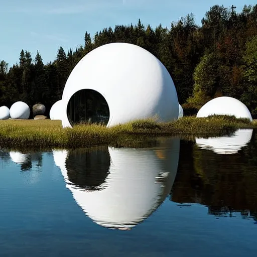 Prompt: there are many white spherical cells combined to form a building on the calm water, designed by antti lovag
