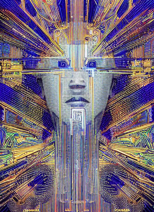 Image similar to god king of ai art, cpu gpu wafer, glitch art, notan, cyberwars by rene lalique, highly detailed, by william - adolphe bouguerea