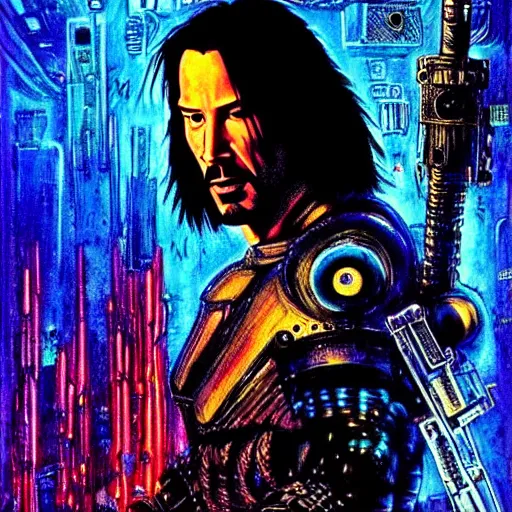 Image similar to keanu reeves as cyberpunk shiva knight, atmospheric lighting, painted, intricate, golden and blue hour, ultra detailed by philippe druillet