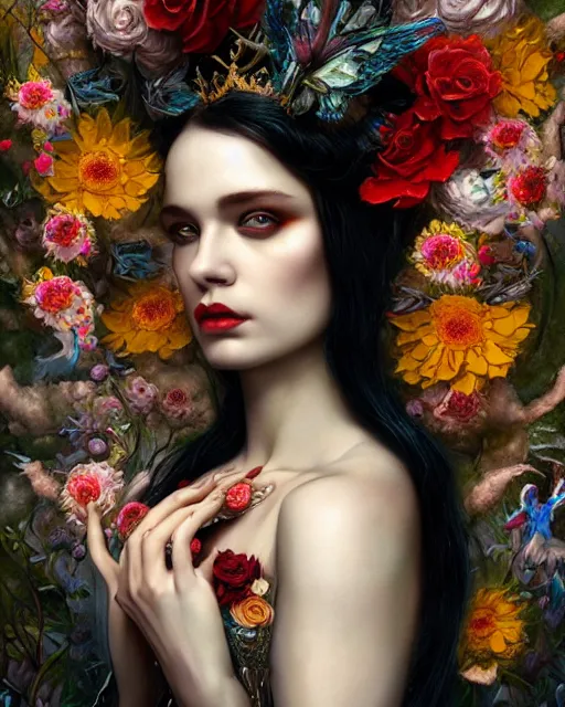 Image similar to portrait of the queen of the underworld, surrounded by flowers by karol bak, james jean, tom bagshaw, rococo, trending on artstation, cinematic lighting, hyper realism, octane render, 8 k, hyper detailed.