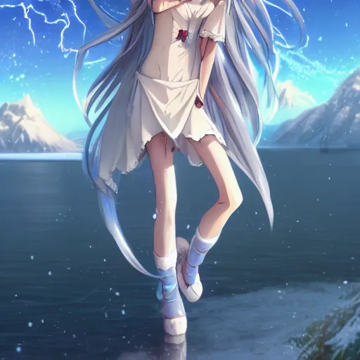 Image similar to a very beautiful anime elf girl, full body, long straight silver hair, smile, sky blue eyes, full round face, short smile, casual clothes, ice snowy lake setting, cinematic lightning, medium shot, mid-shot, highly detailed, trending on Artstation, Unreal Engine 4k, cinematic wallpaper by Stanley Artgerm Lau, WLOP, Rossdraws, James Jean, Andrei Riabovitchev, Marc Simonetti, and Sakimichan