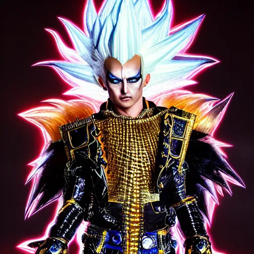 Image similar to uhd photorealistic detailed image of max current, the rock and roll emperor, dressed as super saiyan emperor, powering up, wearing extremely intricate hair metal costume and makeup, by ayami kojima, amano, and karol bak