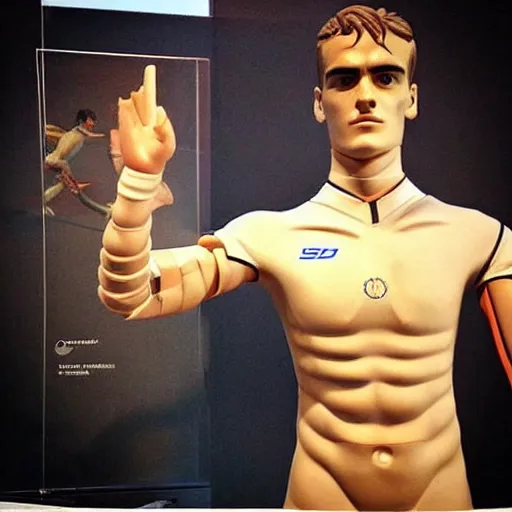 Image similar to “ a realistic detailed photo of a guy who is an attractive humanoid who is half robot and half humanoid, who is a male android, soccer player antoine griezmann, shiny skin, posing like a statue, blank stare, at the beach, on display ”