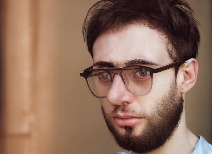 Prompt: hyper - realistic kodachrome medium shot portrait of an ethereal 2 8 year - old male, of russian and georgian descent with pale skin. with black hair. brown eyes and large square glasses. large size nose. a very short small beard with philtrum gaps. in the style of steve mccurry. looking at the camera.