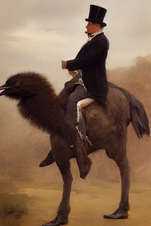 Image similar to portrait of a respectable dignified royal business elite politician wearing a top hat and coat tails riding on an ostrich, art by anders zorn, wonderful masterpiece by greg rutkowski, beautiful cinematic light, american romanticism by greg manchess, jessica rossier