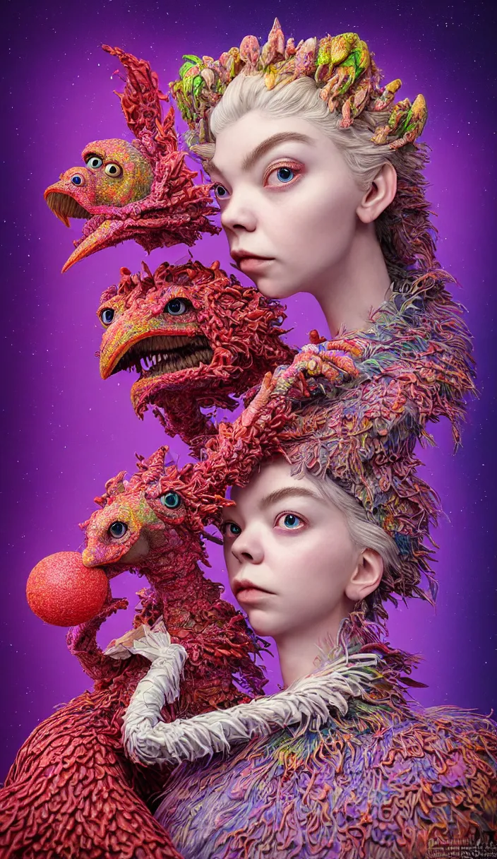 Image similar to hyper detailed 3d render like a Oil painting - kawaii portrait of four Aurora (a beautiful skeksis muppet fae queen from dark crystal that looks like Anya Taylor-Joy) seen red carpet photoshoot in UVIVF posing in scaly dress to Eat of the Strangling network of yellowcake aerochrome and milky Fruit and His delicate Hands hold of gossamer polyp blossoms bring iridescent fungal flowers whose spores black the foolish stars by Jacek Yerka, Ilya Kuvshinov, Mariusz Lewandowski, Houdini algorithmic generative render, Abstract brush strokes, Masterpiece, Edward Hopper and James Gilleard, Zdzislaw Beksinski, Mark Ryden, Wolfgang Lettl, hints of Yayoi Kasuma and Dr. Seuss, octane render, 8k