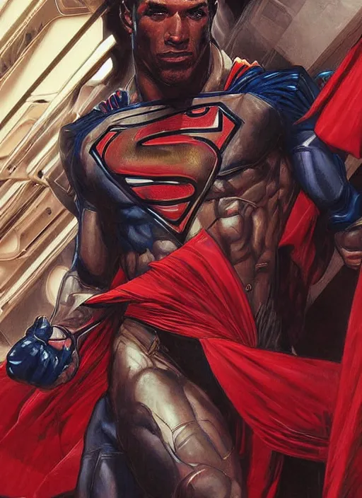 Image similar to portrait of crossfit sprinter superman!, futuristic detailed ornate cyberpunk costume!, red and black costume!!!, pale skin!, no logo!!!, painted art by tsuyoshi nagano, greg rutkowski, artgerm, alphonse mucha, spike painting