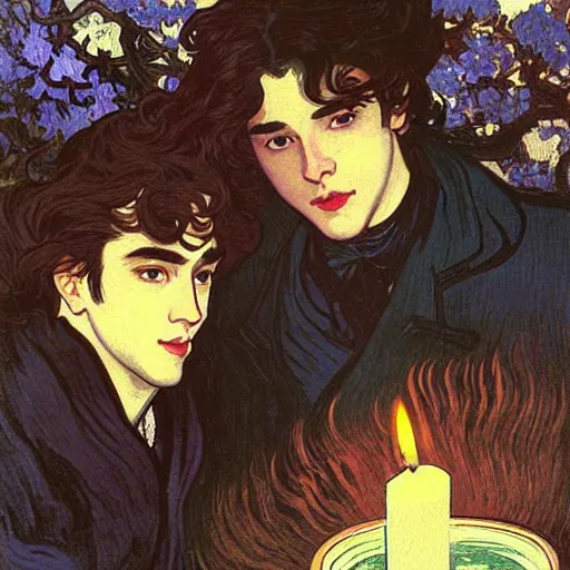 Image similar to painting of young cute handsome beautiful dark medium wavy hair man in his 2 0 s named shadow taehyung and cute handsome beautiful min - jun together at the halloween! party, bubbling cauldron!, candles!, smoke, autumn! colors, elegant, wearing suits!, clothes!, delicate facial features, art by alphonse mucha, vincent van gogh, egon schiele