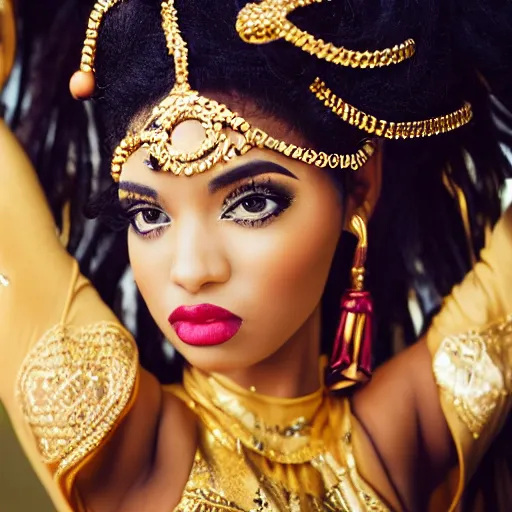 Prompt: aesthetic!!!!!! Portrait photograph of a female genie in Arabic clothing, black skin, long black hair, gold tint, frontal pose, cinematic lighting, silk, fabric, full-length view, 8K, symmetrical balance, in-frame, bokeh!!!!!! Graphex camera, extremely detailed