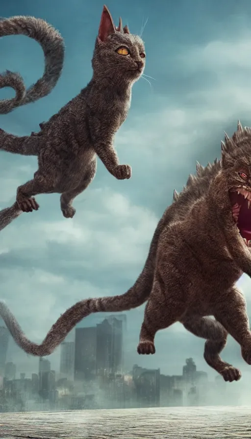 Prompt: people running away from the catzilla. trending on artstation. realistic cinematography, photorealistic, photography, wide shot