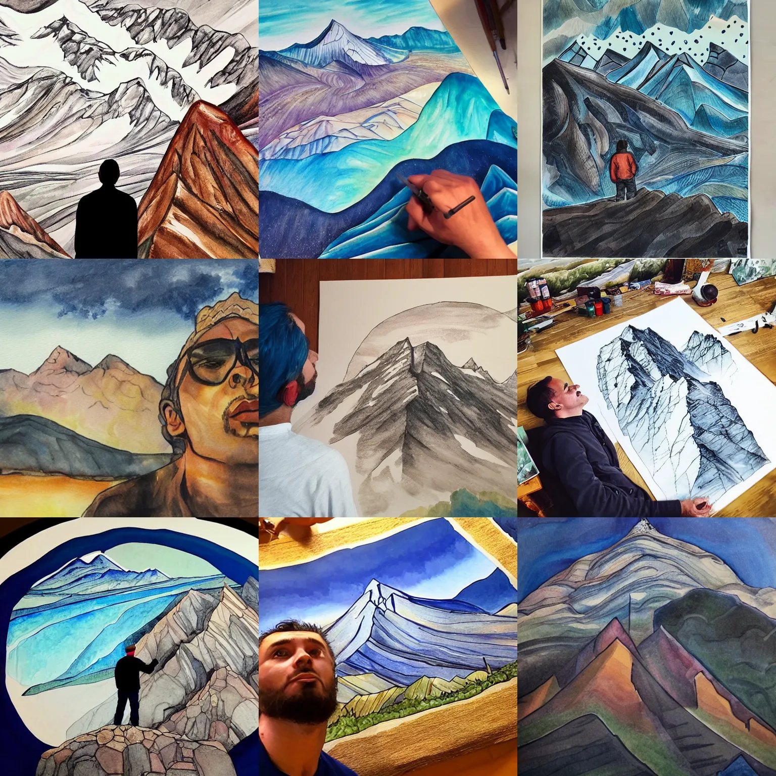 Prompt: man looking up at mountain, grand scale, giant gemstones, painting illustration inked, award winning