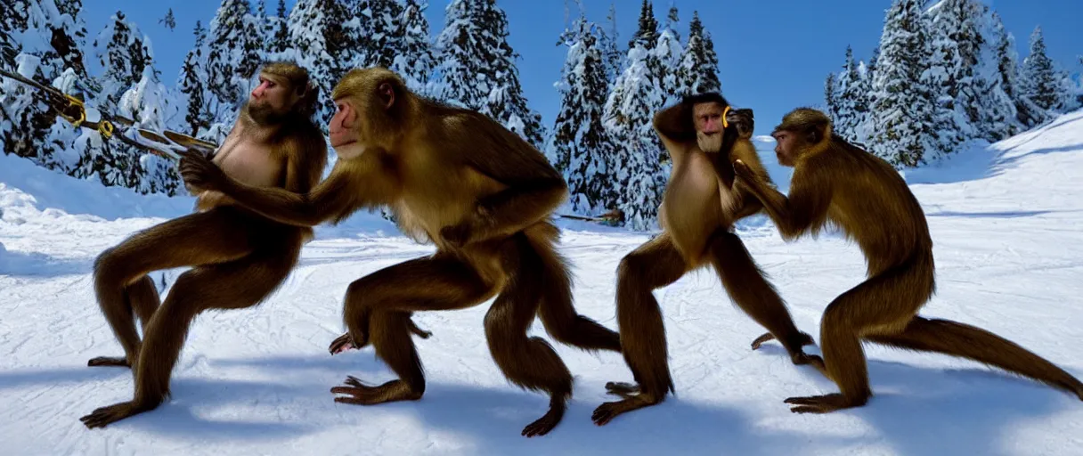 Prompt: Still from BIG MONKEY MOUNTAIN (2022) depicting a skiing monkey crushing a guest like a grape