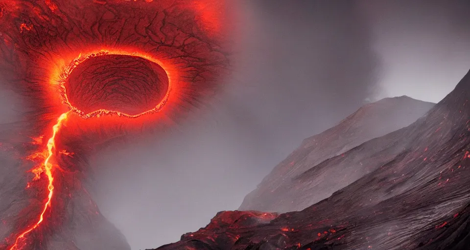 Image similar to a volcano made of ivory vines and crimson rocks enters in eruption, it spits a smoke in the shape of demonic eye, from Warcraft