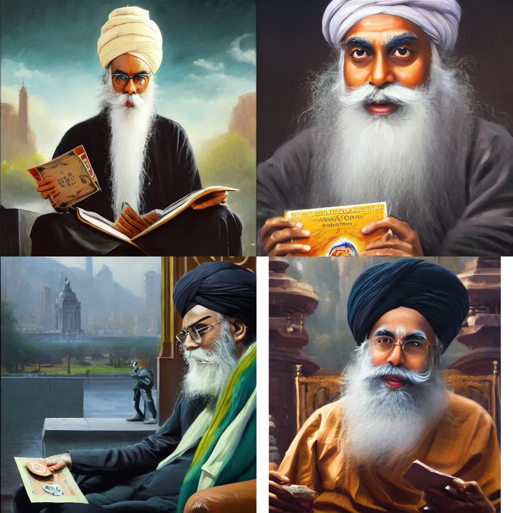 Prompt: Sadhguru in the game Monopoly, masterpiece, oil on canvas, by Greg Rutkowski, neoclassical portrait, 8K,