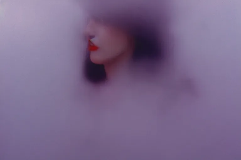 Prompt: film photography, minimalism, close up woman with bright lipstick running in the blue fog, low shutter speed, 35mm, motion blur