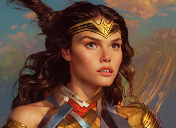 Image similar to portrait of Josie Canseco as wonder woman tv show by Stanley Artgerm Lau , greg rutkowski, thomas kindkade, alphonse mucha, loish, norman rockwell. Trending on artstation rule of thirds detailed illustration hd 4k H 896