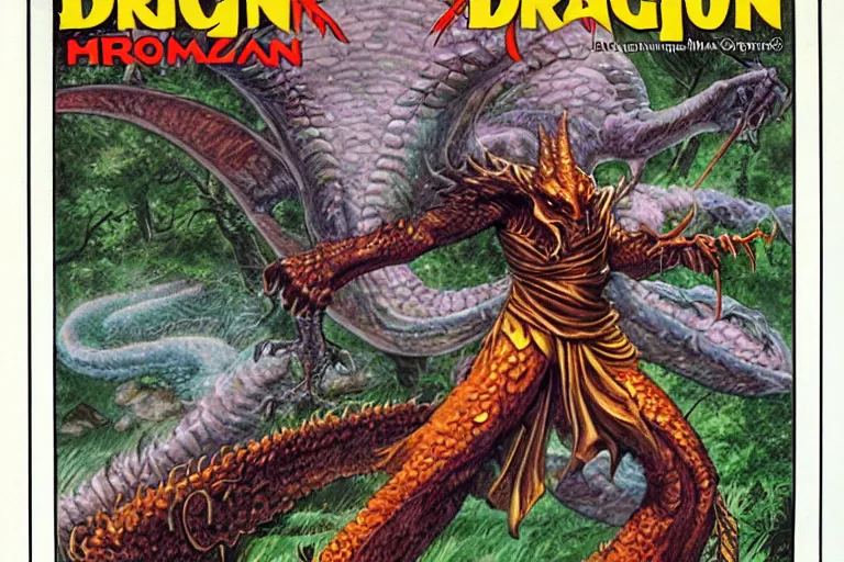 Image similar to 1979 Dragon magazine cover depicting a draconic humanoid mage in fantasy style by Larry Elmore.