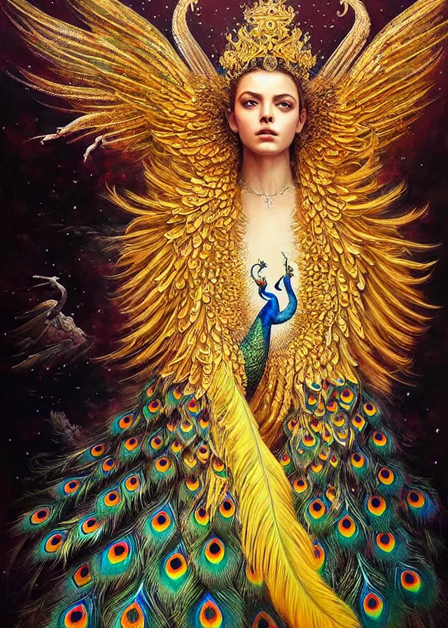 Prompt: a beautiful ultradetailed painting of an empress of celestial beauty! beautiful large celestial wings of protection, ornate crown made of peacock feathers by karol bak and elena aenami, volumetric lighting, magical realism, celestial, goddess, empress, wings