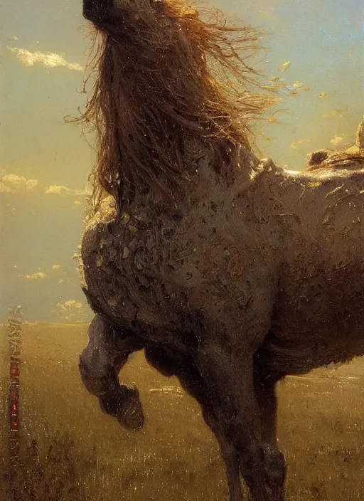 Image similar to portrait of one meadow metal horse by gaston bussiere, anna nikonova aka newmilky, greg rutkowski, yoji shinkawa, yoshitaka amano, tsutomu niehi, moebius, donato giancola, geoffroy thoorens, concept art, trending on artstation, featured on pixiv, cinematic composition, 8 k