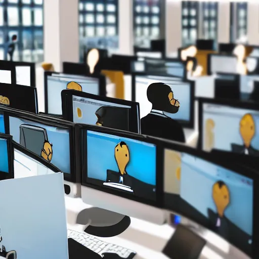 Image similar to fifty monkeys are staring a individual computer screens in a crowded cubicle - style office, the computer screens have bitcoin logos, hyperrealism, unreal engine 5, 4 k, harsh contrast lighting