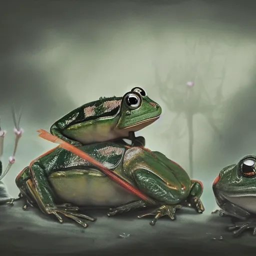 Image similar to the council of armored frogs betrays a fly, wide scene, foreboding, professional digital painting, 4k