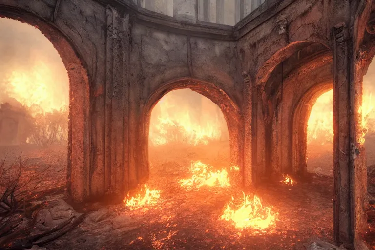 Prompt: An Abandoned, dilapidated portal to the fire realm, photorealistic, 4k, ultra detailed, cinematic lighting, fantasy, magic