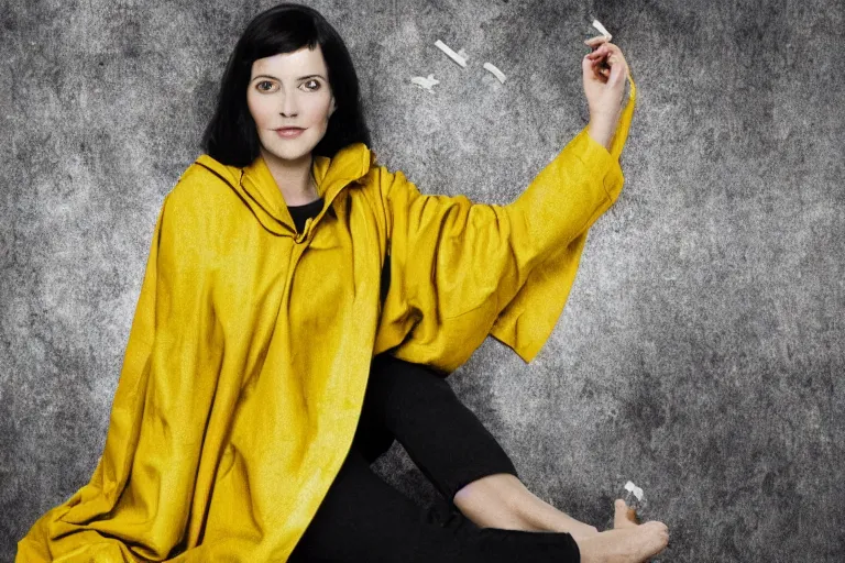 Prompt: tarot card of a dark-haired woman wearing a yellow raincoat, sitting on the floor in front of a bed covered with white linen, black puzzle pieces hovering in the air, symmetrical face, atmospheric, cinematic, ultra detailed, by Weta Digital