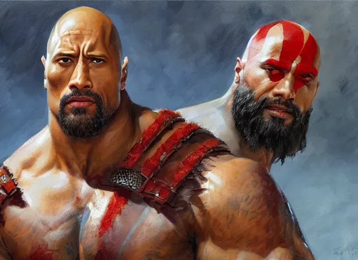 Image similar to a highly detailed beautiful portrait of dwayne johnson as kratos, by gregory manchess, james gurney, james jean