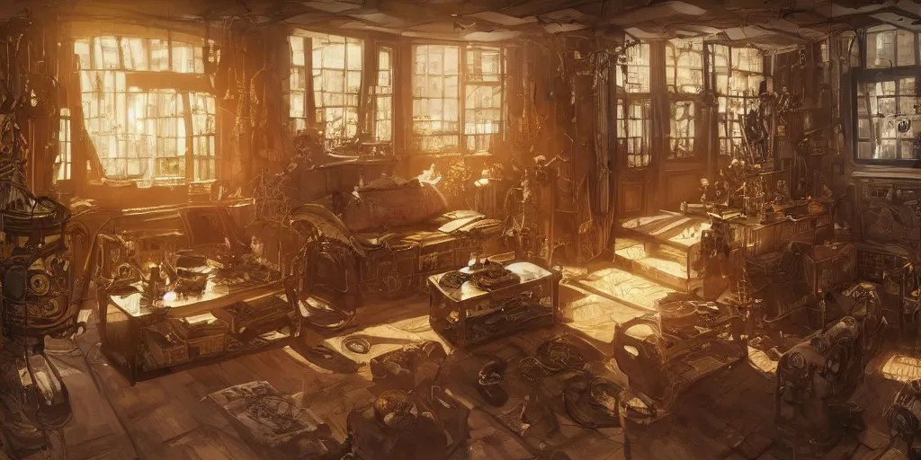 Prompt: steampunk apartment interior overview mapa design, Moebius, Greg Rutkowski, Zabrocki, Karlkka, Jayison Devadas, Phuoc Quan, trending on Artstation, 8K, ultra wide angle, pincushion lens effect.