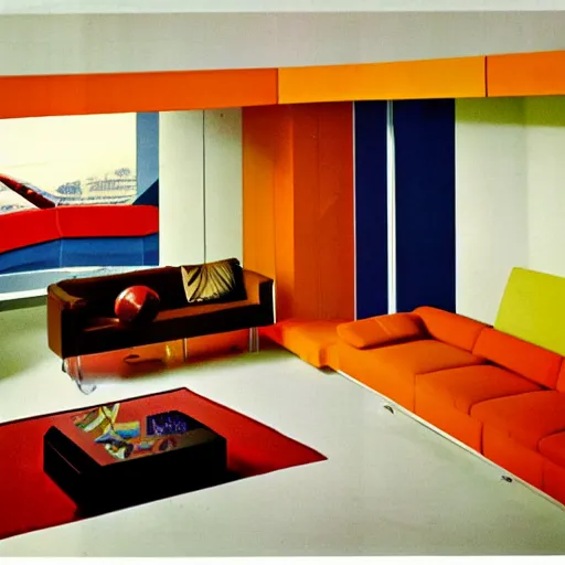 Prompt: 1970's futurist interior living space, furnished by aero aarino, primary colors are white, orange, yellow, and red