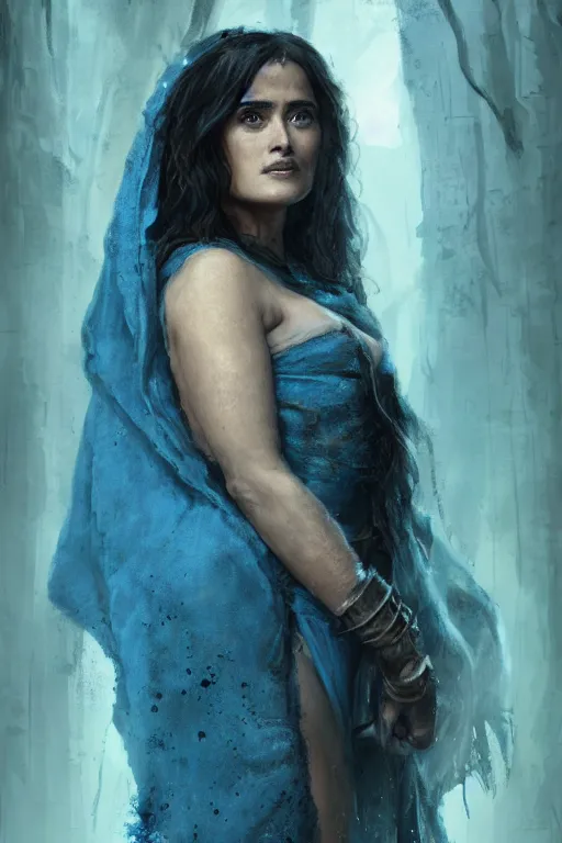 Prompt: portrait, Salma Hayek , sorceress, dressed in tattered blue dress and cloak , face portrait, raphael lacoste, eddie mendoza, alex ross, concept art, matte painting, highly detailed, rule of thirds, dynamic lighting, cinematic, detailed, denoised, centred