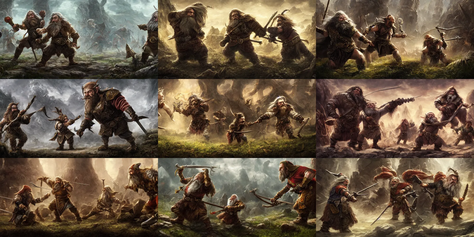 Prompt: a dwarf facing against an elf, great battle between dwarves and elves, grand battle, epic composition, digital art, concept art, 4 k, highly detailed