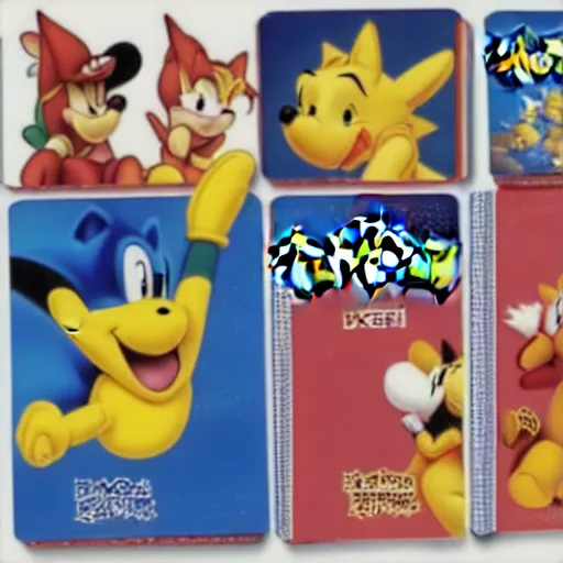 Image similar to photograph of winnie the pooh and super mario and sonic the hedgehog anime style, on pokemon card packs at target