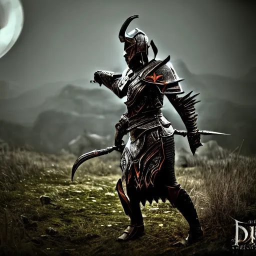 Image similar to warrior with daedric armor, skyrim ,Grim fantasy, D&D, HDR, natural light, dynamic pose, award winning photograph, Mucha style, 8k,