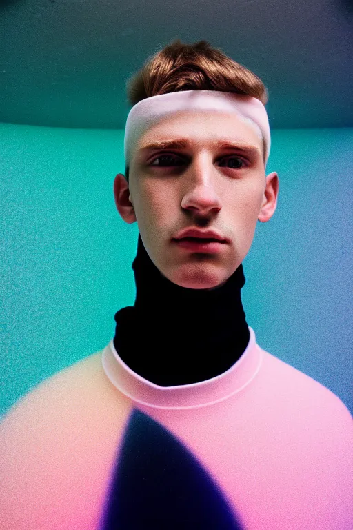 Image similar to high quality pastel coloured film mid angle portrait photograph of a beautiful young 2 0 year old male, soft features, short hair, perspex space visor and oversized inflated clothing!!!! icelandic black! rock pool environment. atmospheric three point light. photographic. art directed. ( pastel colours ). volumetric. clearcoat. waves. 8 k. filmic.